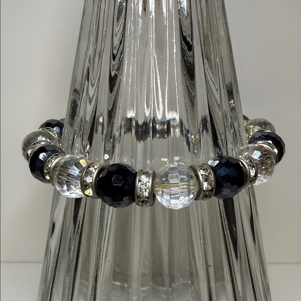 Reserved faceted glass disco ball navy clear Silver Beaded stretch